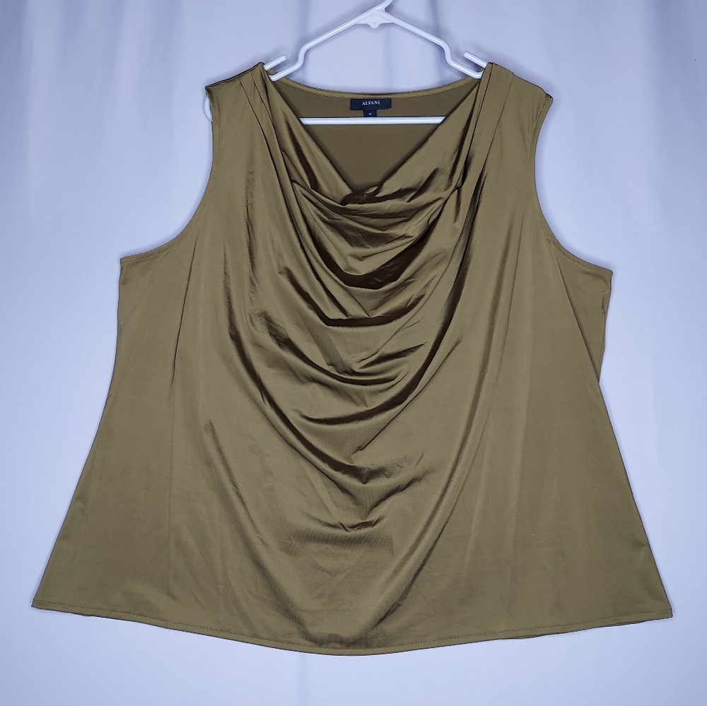 Alfani Top Womens 3X Green Shiny Knit Cowl‎ Neck Sleeveless Blouse Drape Stretch